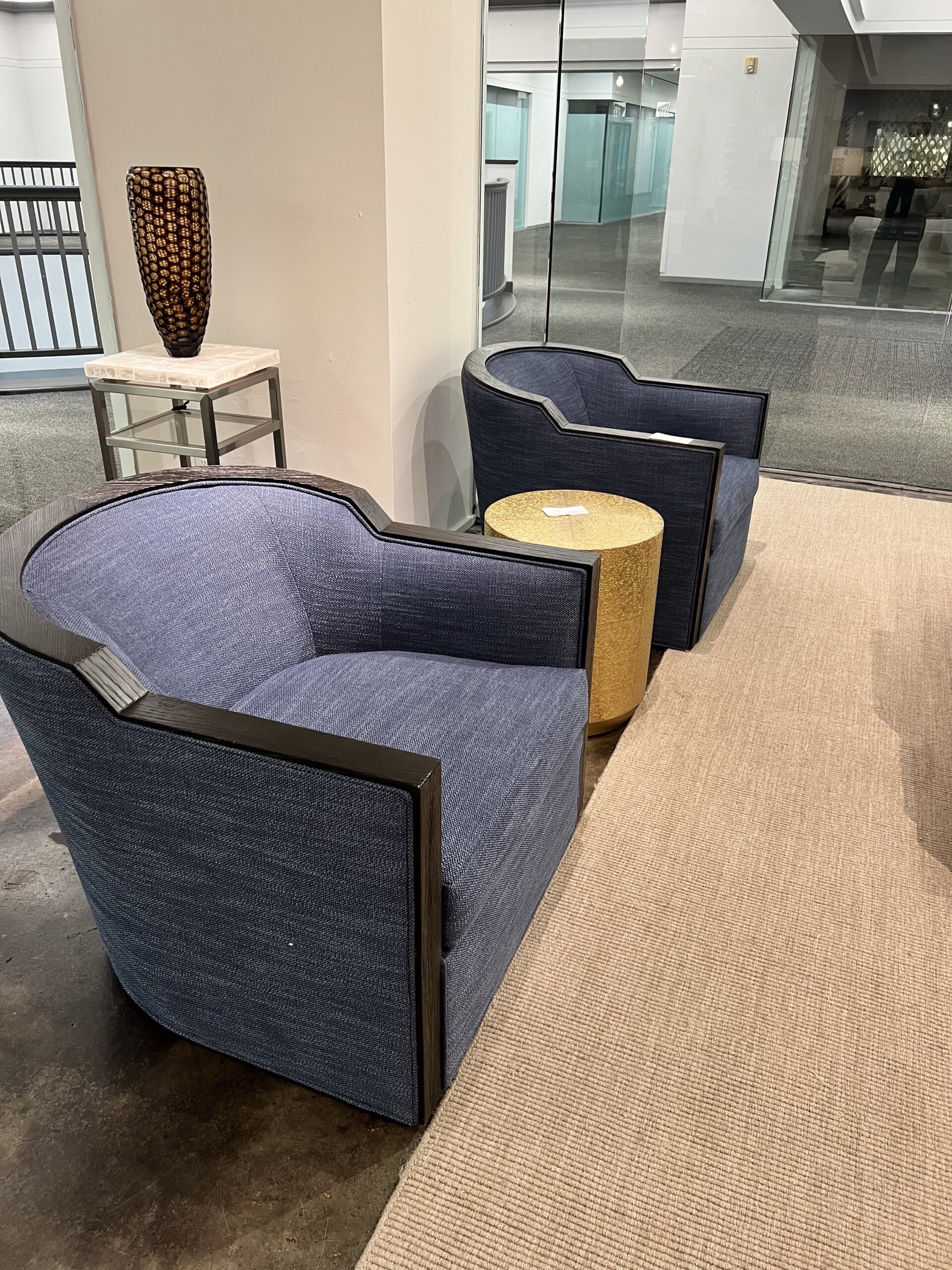Ben Johnston Chaddock Blue Chairs, Audra Round Accent Table - gold